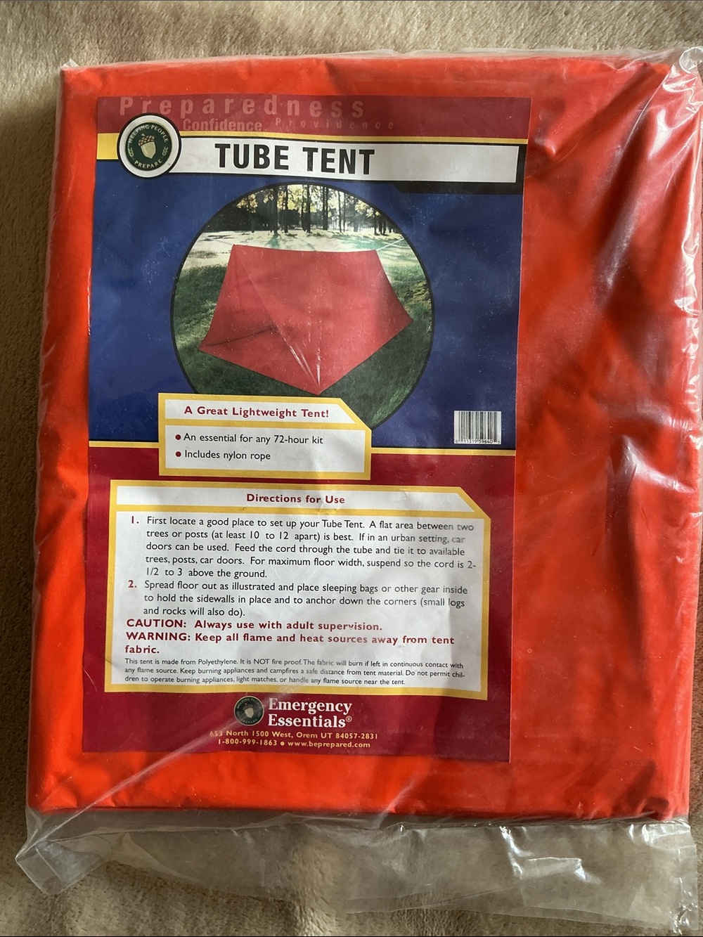 Emergency Essentials Brand Orange Tube Tent Camping Hiking Survival Shelter PKGD